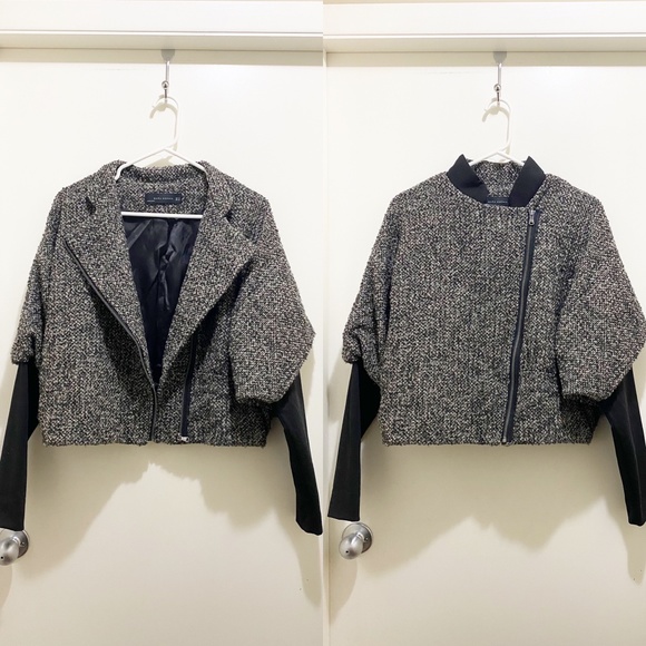 Zara Batwing Convertible Tweed Jacket Mandarin Collar or Lapels Grey Black M - Picture 1 of 16